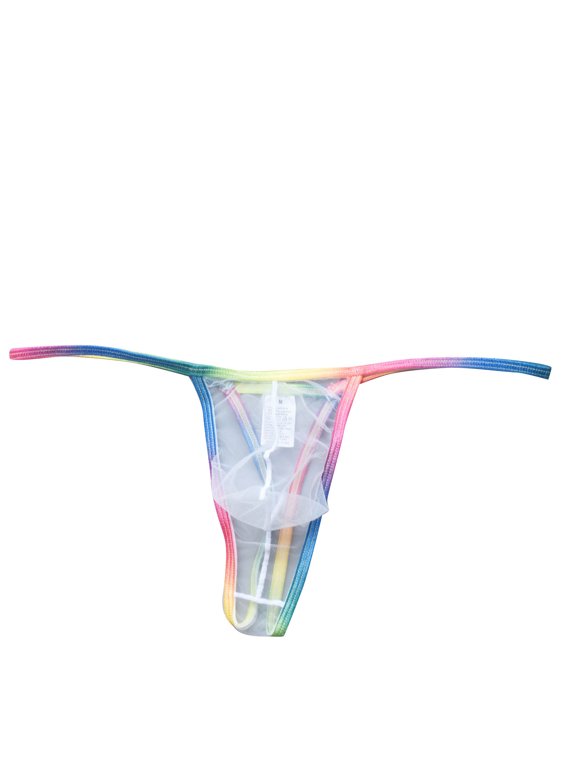 Mens Rainbow Striped Sheer Mesh Thong Low Rise Bulge Pouch G String Underwear Breathable T-Back Bikini Briefs Underpants Lingerie