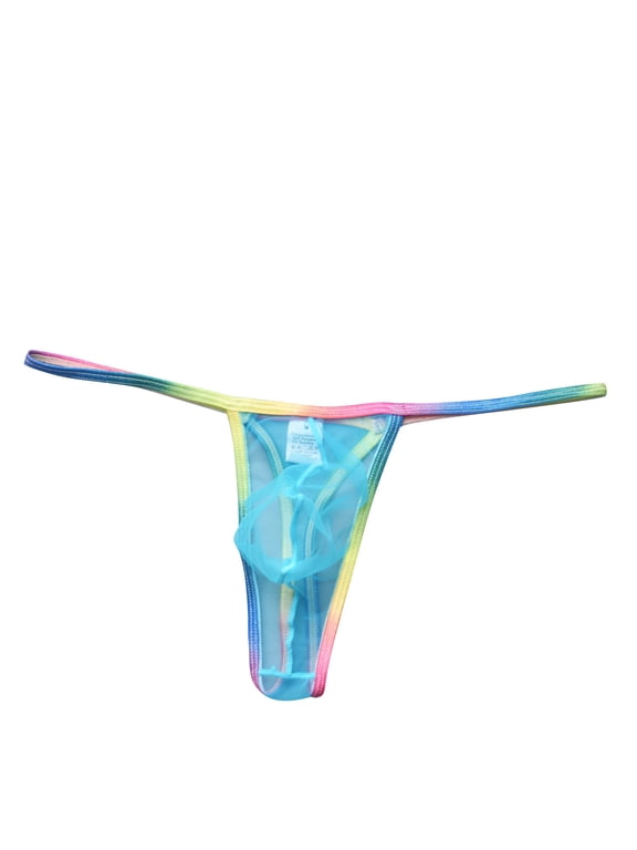 Mens Rainbow Striped Sheer Mesh Thong Low Rise Bulge Pouch G String Underwear Breathable T-Back Bikini Briefs Underpants Lingerie