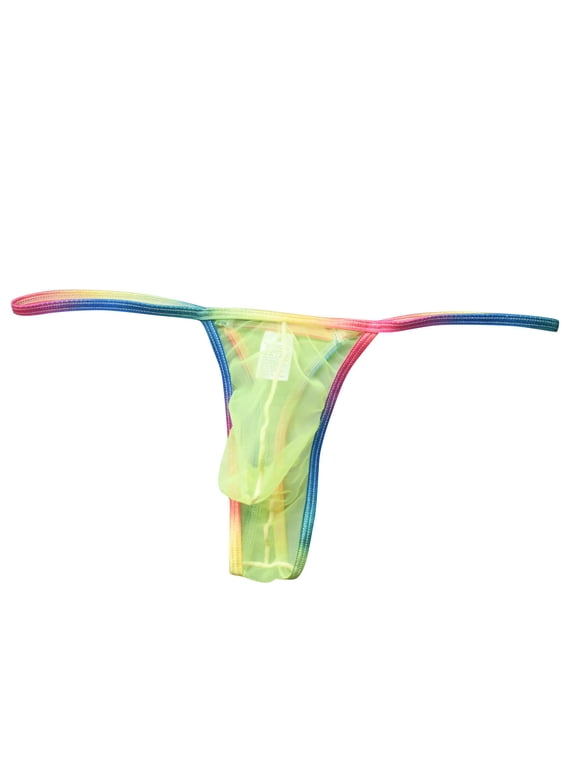 Mens Rainbow Striped Sheer Mesh Thong Low Rise Bulge Pouch G String Underwear Breathable T-Back Bikini Briefs Underpants Lingerie