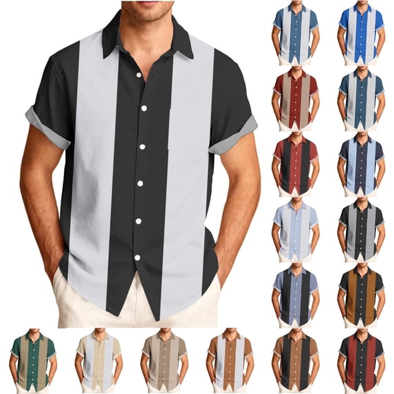 Hfnxid Mens Summer Button Down Shirt Big and Tall Short Sleeve Shirts Color Block Work Tshirt Summer Cuba Beach Tee