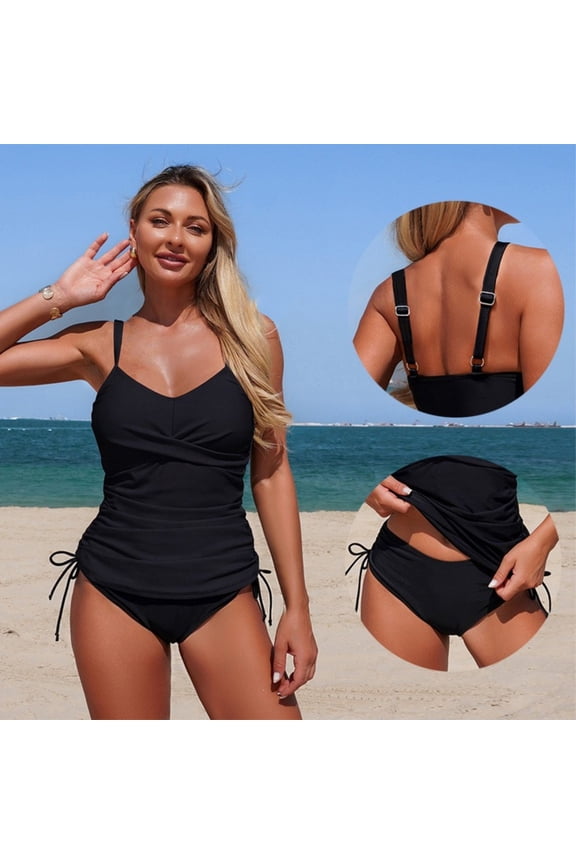 Hfnxid Modest Ruched Tankini Swimsuits for Women 2 Piece Bathing Suits Twist-Front Tankini Top with Side Tie Swim Bottom Solid Beach Vacation Swimwear Black S