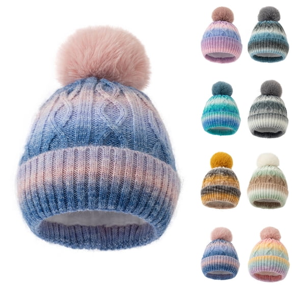 Hfnxid Ombre Gradient Thick Knit Beanie for Men Women, Fleece-Lined Winter Hat with Faux-Fur Pom, Warm Chunky Cable-Knit Slouchy Toque for Harsh Freezing Weather
