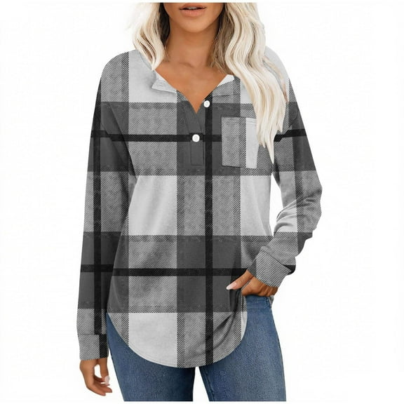 Hfnxid Plaid Shirt for Women Long Sleeve Button Down V Neck Henley Shirts Lightweight Classic Fit Plaid Pullover