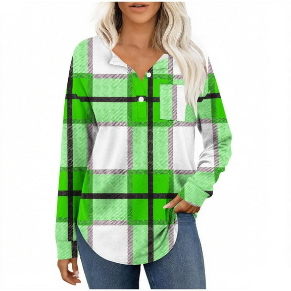 Hfnxid Plaid Shirt for Women Long Sleeve Button Down V Neck Henley Shirts Lightweight Classic Fit Plaid Pullover