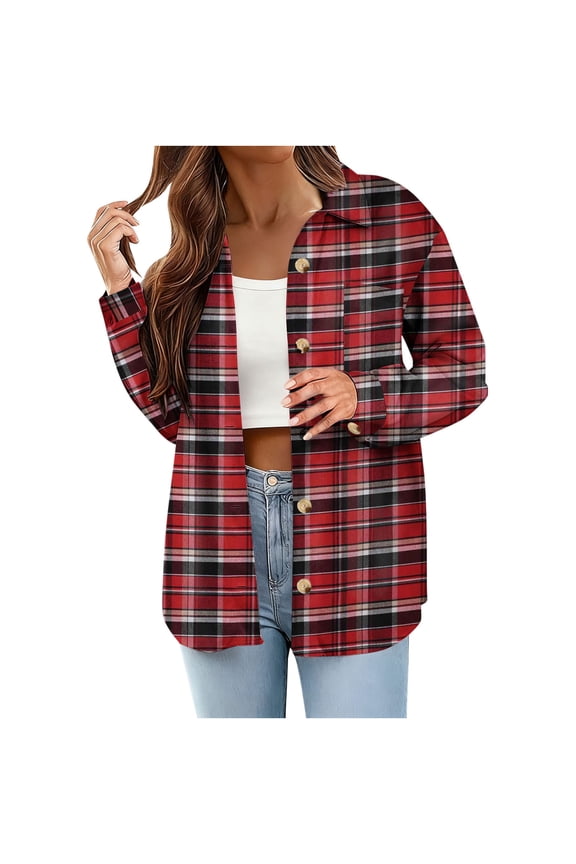 Plaid Shirts for Women Button Down Collar Shirt Long Sleeve Oversized Flannel Blouse Casual Fall Outfit with Pocket