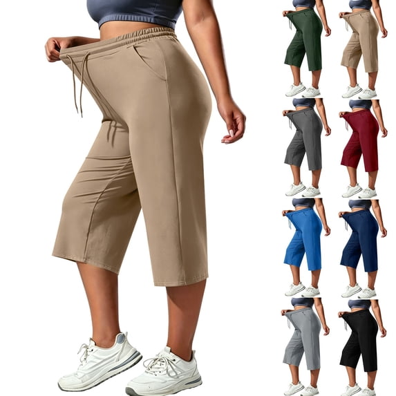 Hfnxid Plus Size Capris Pant for Womens Loose Fit Elastic Waist Workout Trousers Casual Athletic Cropped Trouser Green XXL