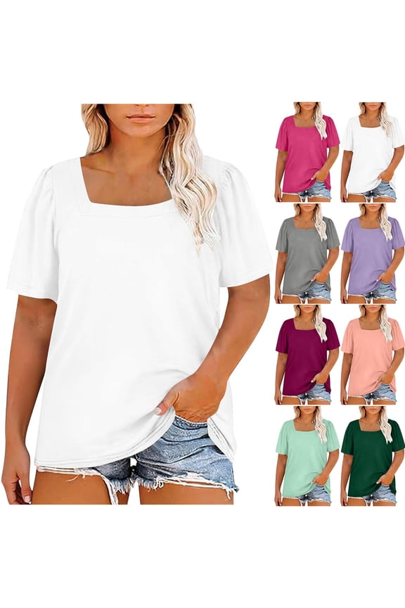 Hfnxid Plus Size Shirts for Women Loose Fit Summer Tops Square Neck Puff Short Sleeve Shirt Casual Holiday Top Green XXL