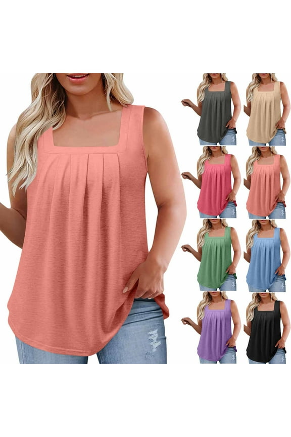 Hfnxid Plus Size Top for Women Sleeveless Square Collar Tank Top Casual Loose Fit Pleated Shirt Summer Vacation Flowy Shirt