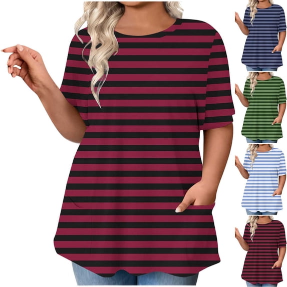 Hfnxid Plus Size Top for Womens Striped Crew Neck Short Sleeve Shirt Solid Color Loose Fit Tops Summer Casual Vacatin Tee ShirtsWineXL