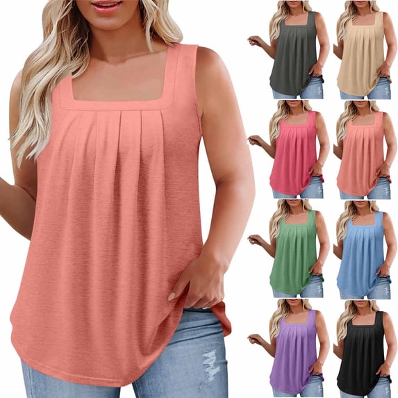 Hfnxid Plus Size Tops for Women Pleated Square Neck Sleeveless Tops Curved Hem Flowy Shirt Loose Fit Lightweight Tank Top Mint Green XXXXL