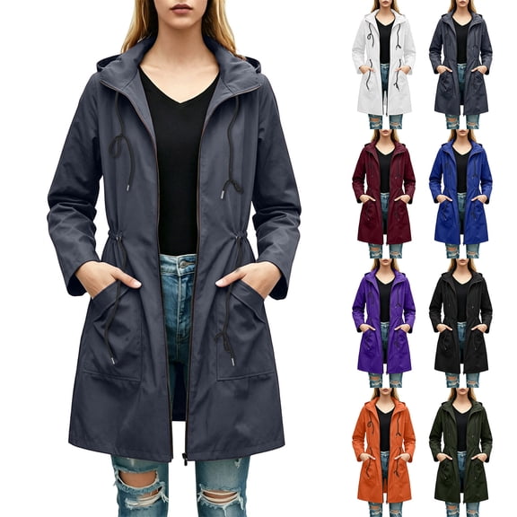 Hfnxid Rain Jacket Women Loose Fit Waterproof Windbreaker Drawstring Waist Zip Up Raincoat Fall Outdoor Coat with Pocket White L