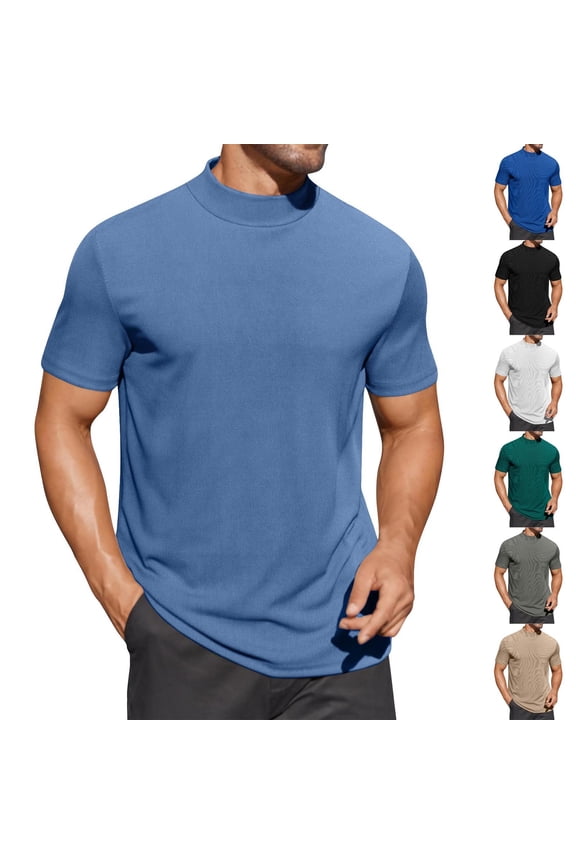 Hfnxid Shirt for Mens Mock Turtleneck Short Sleeve Shirt Lightweight Ribbed Basic T-Shirts Summer Solid Outdoor Athletic Tops Dark Blue XL