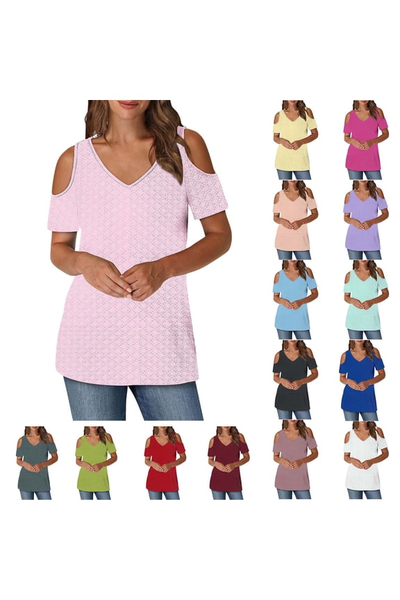 Hfnxid Shirt for Womens Cold Shoulder V Neck Tops Lightweight Comfy Short Sleeve Shirt Summer Solid Color Tunic Basic Tees Orange XL