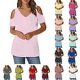 thumbnail image 1 of Hfnxid Shirt for Womens Cold Shoulder V Neck Tops Lightweight Comfy Short Sleeve Shirt Summer Solid Color Tunic Basic Tees Red M, 1 of 8