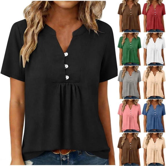 Hfnxid Shirt for Womens Henley Short Sleeve Tops Lightweight Solid Color Office Tshirts Casual Pleated Dressy Office Work Blouse Red L
