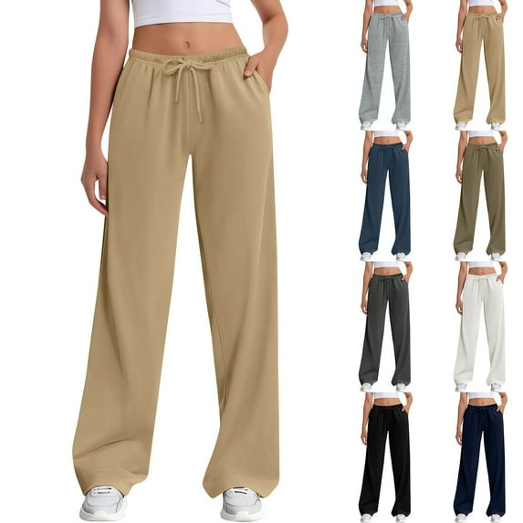 Hfnxid Straight Leg Pants for Women Loose Fit Lightweight Workout Trouser Stretch Breathable Lounge Trouser Casual Comfy Trousers with Drawstring Beige L