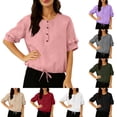 thumbnail image 1 of Hfnxid Summer Shirts for Women Crew Neck Puff Short Sleeve Shirt Lightweight Vacation Button Up Shirt Summer Solid Casual Travel Blouses Green XXL, 1 of 8