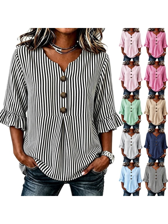 Hfnxid Summer Tops for Women 3/4 Ruffle Sleeve Tunci Top Striped Button Up V Neck Blouses Casual Work Shirts Light Blue XXL