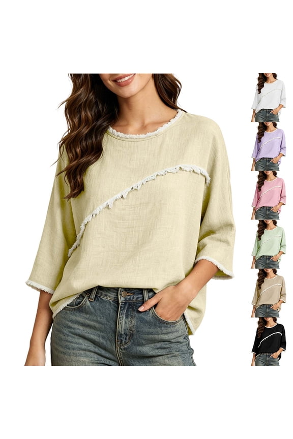 Hfnxid Summer Tops for Women Lace Patch 3/4 Sleeve Shirts Loose Fit Tunic Blouses Trendy Crew Neck Outfits White XXXL