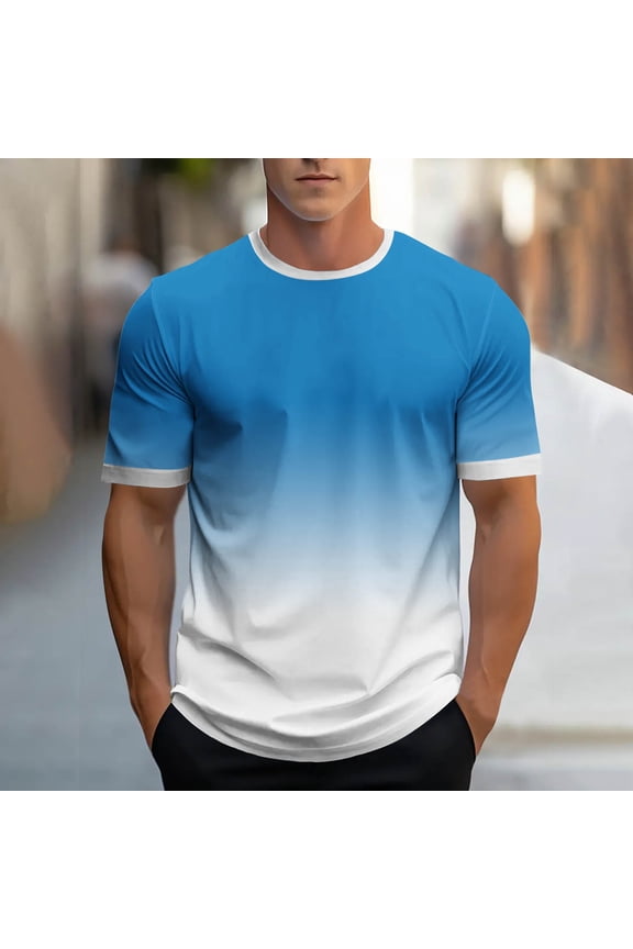Hfnxid T Shirts for Men Summer Casual Lightweight Short Sleeve Top Fashion Gradient Lightweight Workout Shirt Trendy Slim Fit Basic Tees Sky Blue XXXL