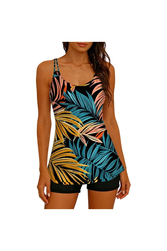 Hfnxid Tankini Swimsuit for Women Tummy Control Blouson Two Piece Bathing Suit Fashion Printed Tank Top with High Waist Boy Shorts Swimwear Black XXL
