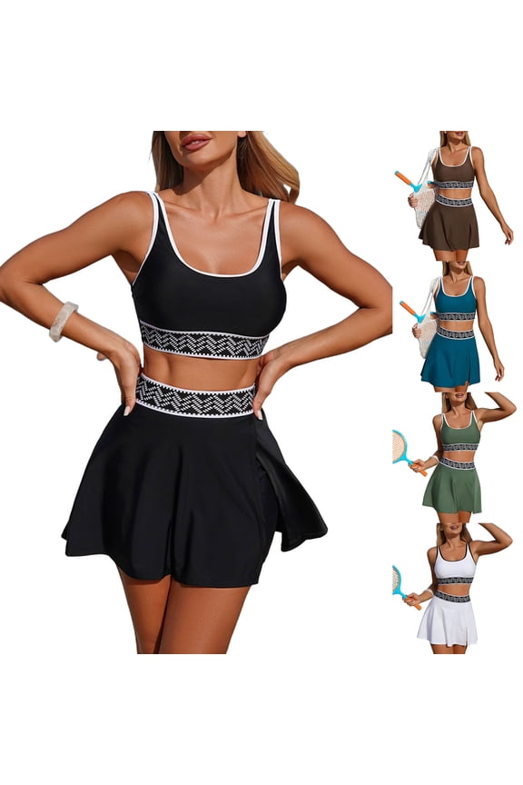 Hfnxid Tankini Swimsuits for Women Two Piece Scoop Neck Tummy Control Bathing Suits Fashion Texture Athletic Swim Suits with Skirt Coffee XXL