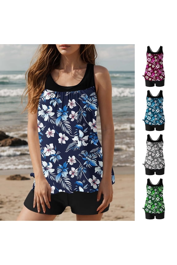 Hfnxid Tankini Swimwear for Women Tummy Control Two Piece Bathsuits with Shorts Loose Fit Swimming Tank Top Summer Casual Vacation Bathing Suits Light Blue L