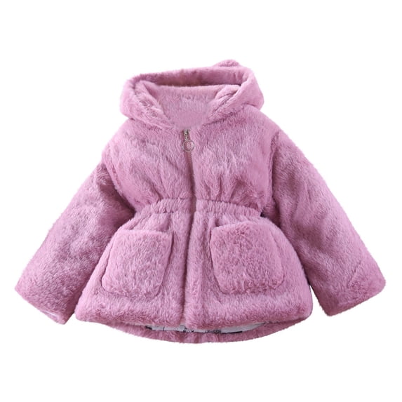 Hfnxid Toddler Girls Plush Hooded Coat Cinch Waist Faux Fur Jacket Winter Warm Coat Casual Cute Outerwear with Pockets 4-5 Years,Hot Pink