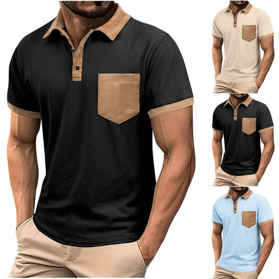 Hfnxid Top for Mens Casual Slim Fit Short Sleeve Shirts Fashion Color Block Business T Shirt Classic Button Collared Golf Top with Pocket Black S