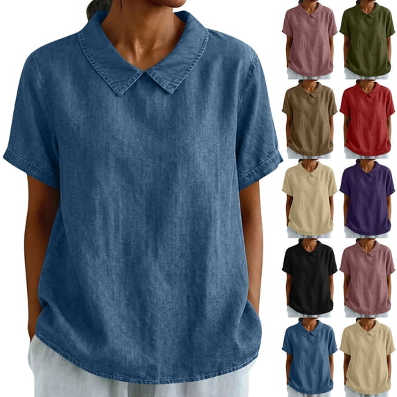 Hfnxid Tops for Women Collar Short Sleeve Shirts Lightweight Solid Denim Blouses Dressy Casual Loose Fit Summer Office Blouse Blue L
