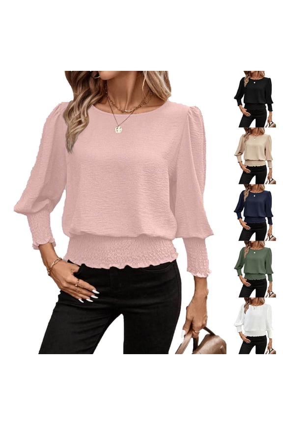 Hfnxid Tops for Women Smocked 3/4 Length Sleeve Shirt Pleated Cinched Waist Top Dressy Casual Lightweight Outfits Blouse White XXL