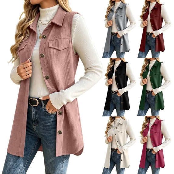 Hfnxid Waffle Vest for Women Sleeveless Button Down Vests Work Lapel Coats Loose Fit Vintage Outerwear with Pocket