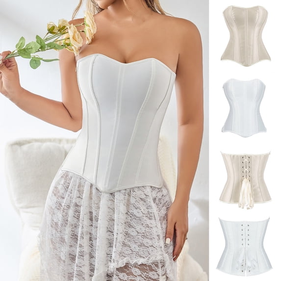 Hfnxid White Corset Top for Women Satin Strapless Lace Up Bustier Clubwear Boned Corsets Zipper Shapewear Bodysuit Beige L
