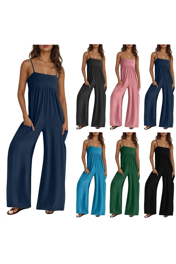Hfnxid Wide Leg Jumpsuits for Women Casual One Piece Overalls Lightweight Loose Fit Long Rompers With Pockets Fashion Solid Color Beach Vacation Jumpsuit Black M