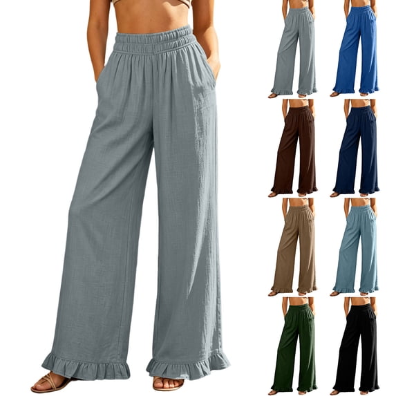 Hfnxid Wide Leg Pants for Women Ruffle Hem High Waisted Palazzo Pant Loose Fit Casual Trousers Flowy Vacation Trouser Coffee M