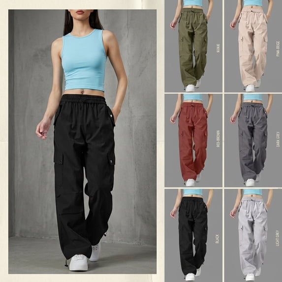 Hfnxid Wide Leg Pants for Womens Elastic Waist Cargo Pant Lightweight Breathable Hiking Trousers Casual Y2K Baggy Trouser with Pockets Dark Gray XXL
