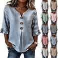 thumbnail image 1 of Hfnxid Women 3/4 Sleeve Shirts Loose Fit Ruffle Shirt Striped Button V Neck Blouses Solid Color Fall Clothes Gray L, 1 of 6