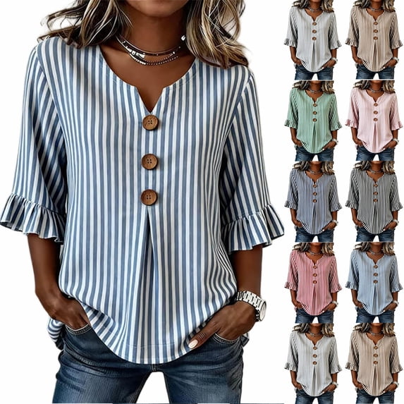 Hfnxid Women 3/4 Sleeve Shirts Loose Fit Ruffle Shirt Striped Button V Neck Blouses Solid Color Fall Clothes Gray L