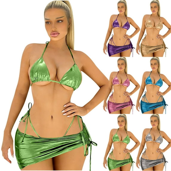 Hfnxid Women 3 Piece Swimsuits - Trendy Triangle Bikini Sets with Cover Up Halter String Tie Side Bathing Suits Green S