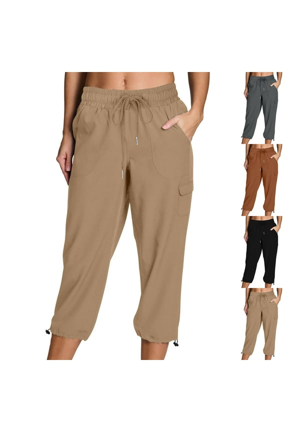 Hfnxid Women Capri Cargo Pants Elastic High Waist Workout Trousers Loose Fit Wide Leg Sweapant Summer Casual Althetic Pants With Pockets Coffee L