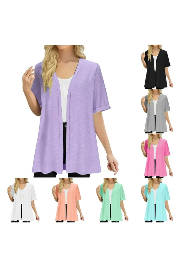 Hfnxid Women Cardigan Solid Short Sleeves Shirt Open Front Lightweight Cardigans Blouse Draped Loose Fit Breathable Beach Vacation Tops Orange M