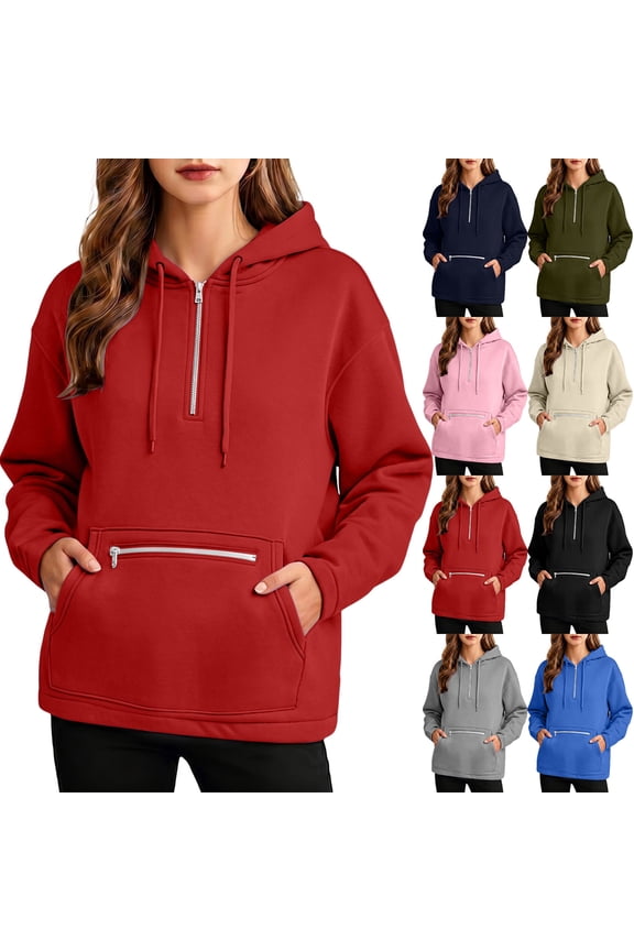 Hfnxid Women Hooded Sweatshirts 1/4 Zip Up Long Sleeve Pullover Sweatshirts Loose Fit Solid Color Hoodies Casual Fall Top Black L