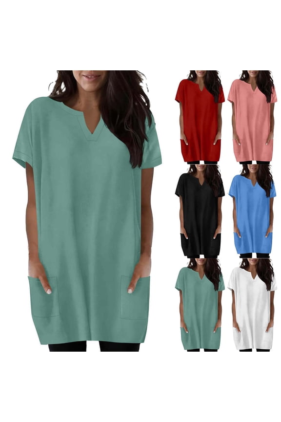 Hfnxid Women Lightweight Dress Henley Short Sleeve Shirt Loose Fit Tunics Pullovers Top with Pockets Casual Leggings Blouse Pink XXL