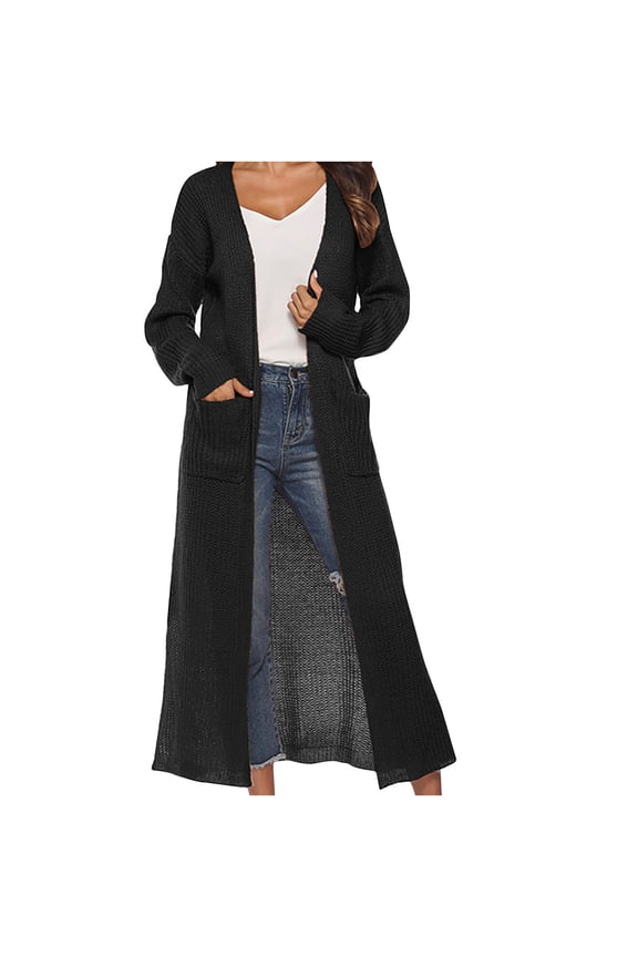 Women Long Knit Cardigan Sweater Open Front Fall Cardigans Side Slit Above Ankle Length Coat with Pockets