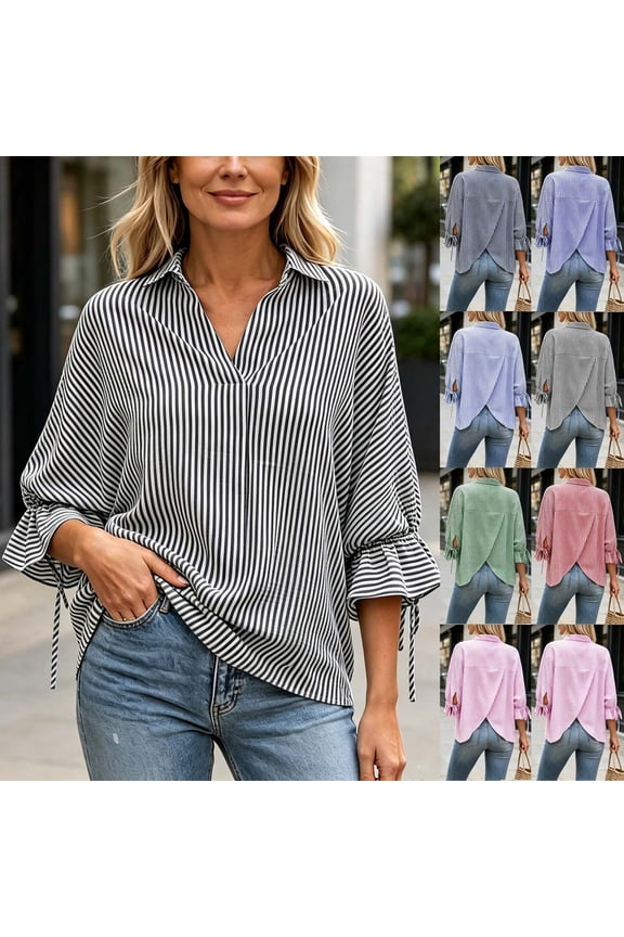 Hfnxid Women Striped Tunic Tops Loose Fit 3/4 Ruffles Sleeve Shirts Back Fork V Neck Tshirts Dressy Collared Office Work Blouse Navy L