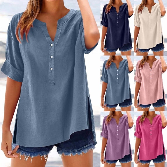 Hfnxid Women Summer Top Button Down V Neck Short Sleeve Shirt Casual Loose Fit Tunic Tops Oversized Solid Color Shirts