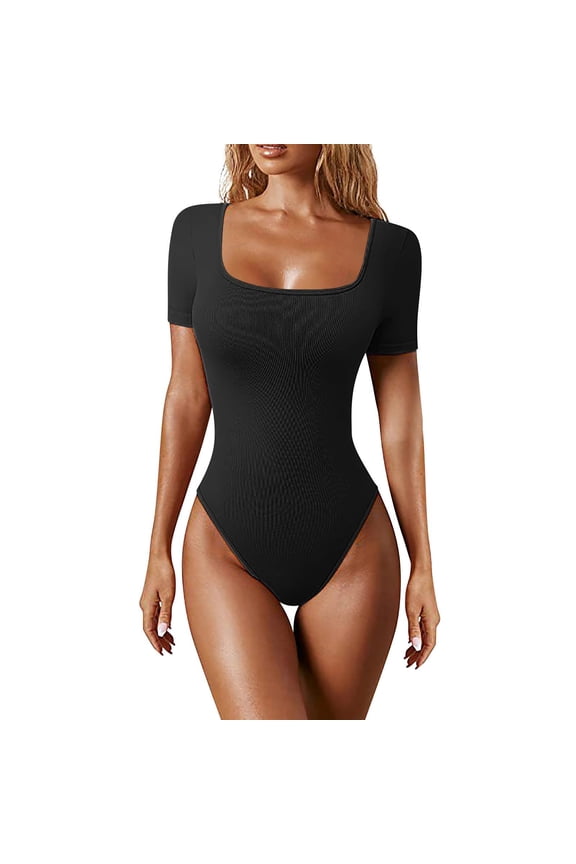 Women's 2Bodysuits Ribbed One Piece Square Neck Short Sleeve Bodysuits