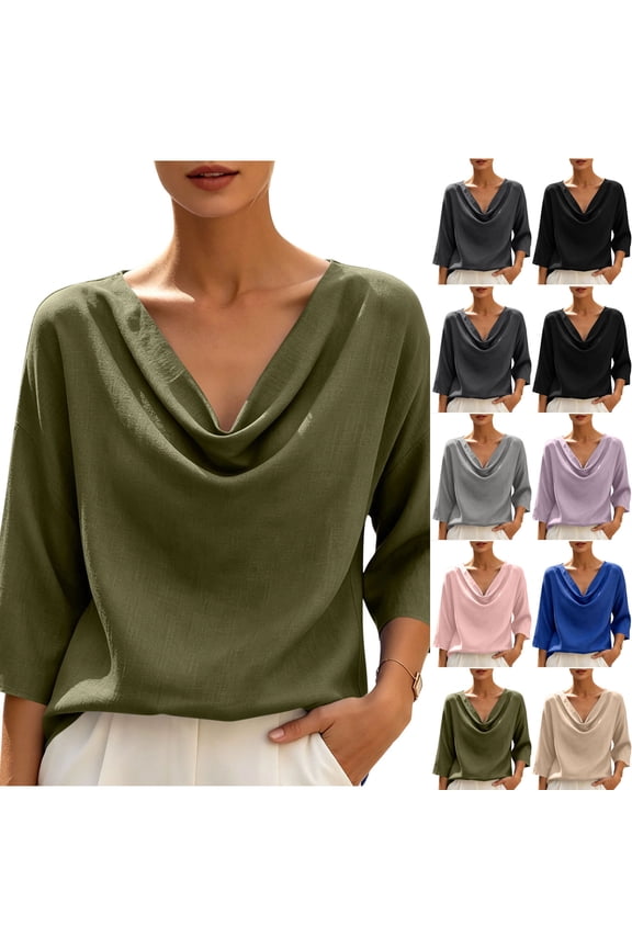 Hfnxid Women's 3/4 Length Sleeve Shirts Dressy Cowl Neck Tunic Tops Fashion Draped Front Blouses Casual Work Blouses Gray XL