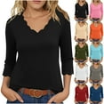 thumbnail image 1 of Hfnxid Women's 3/4 Length Sleeve Tops V Neck Scalloped Trim Shirt Solid Color Casual Business Top Slim Fit Going Out Vacation Blouse, 1 of 7