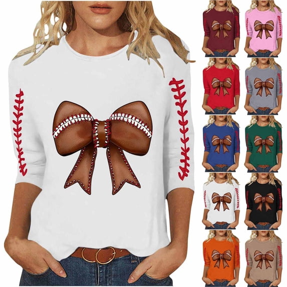 Hfnxid Women's 3/4 Sleeve Shirts Funny Football Game Day Print Tops Crew Neck Lightweight Tunic Tops Fashion Casual Streetwear Blouse Black M